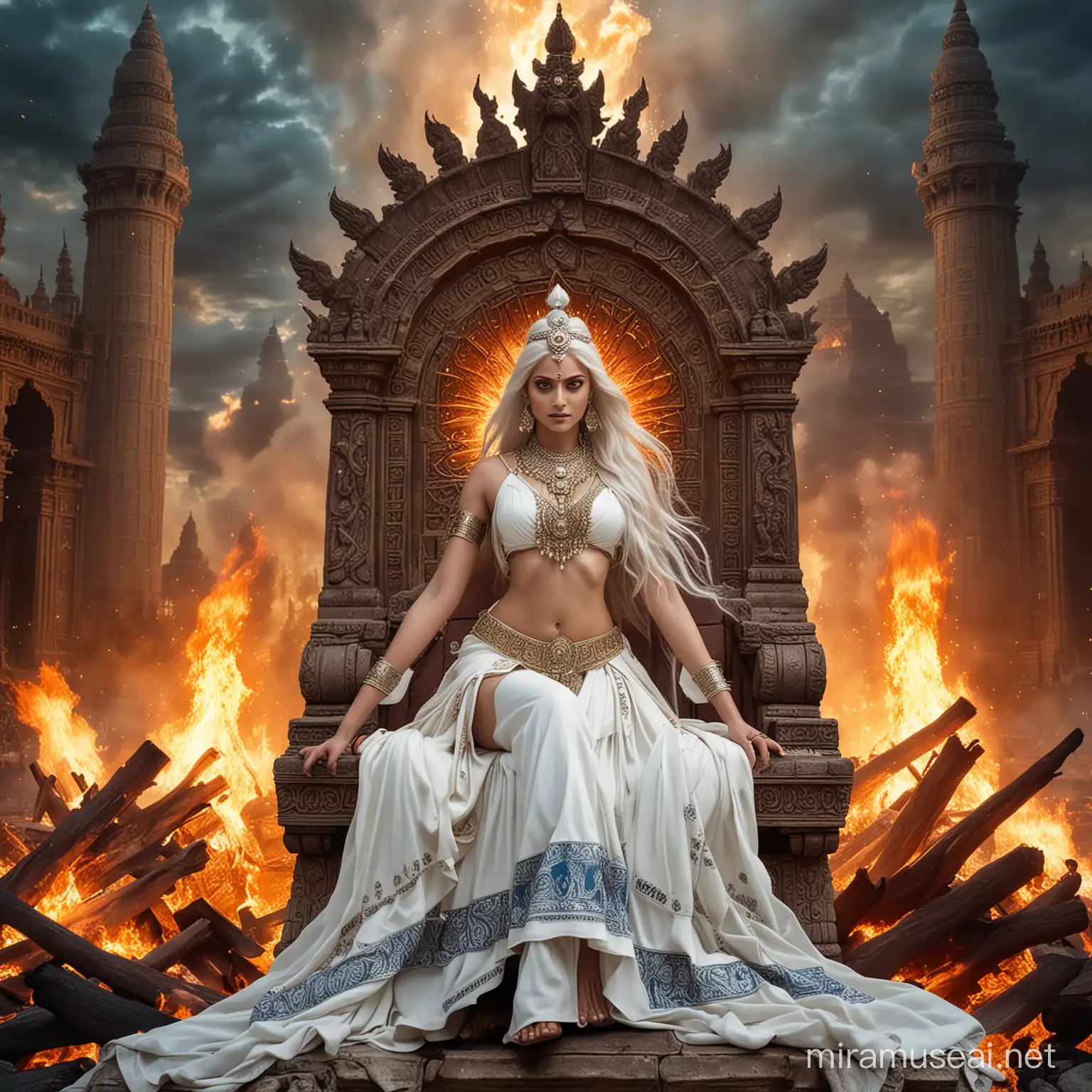 Powerful Hindu Goddess Empress on Majestic Throne Amidst Fire and Gods