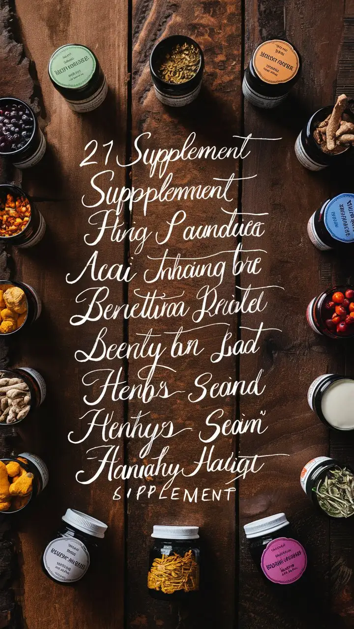 21 natural ingredients layed out on a table of a list of supplement names. 

