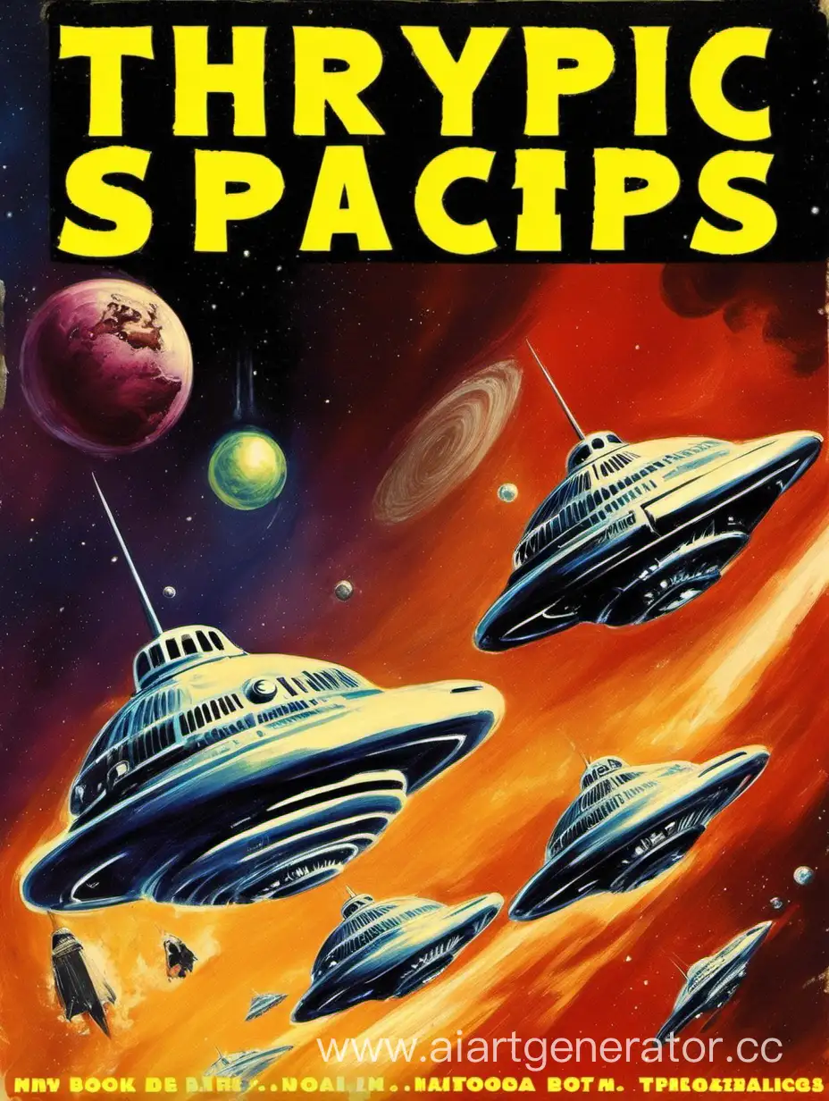 Create a book cover of three spaceships - in the lurid style of 1950's pulp fiction covers. The book title is called  "THRYPTIC".