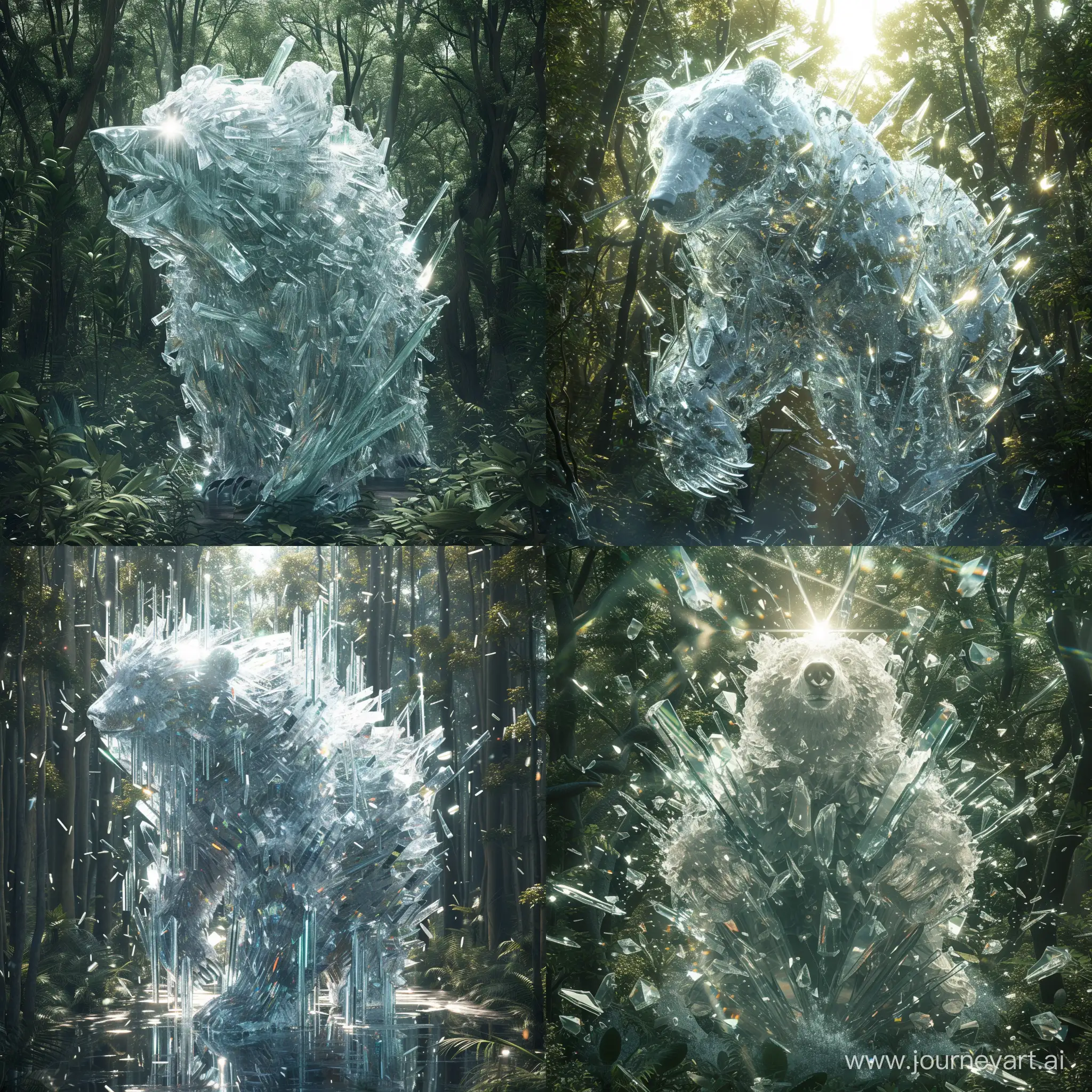 Create a highly detailed image of a bear made entirely of ice and glass, situated in the center of a dense, enchanted forest. The bear should reflect and refract the surrounding trees and light in a realistic and visually stunning manner, with shards of ice and glass seamlessly integrated into its form giving it an ethereal and majestic presence. The