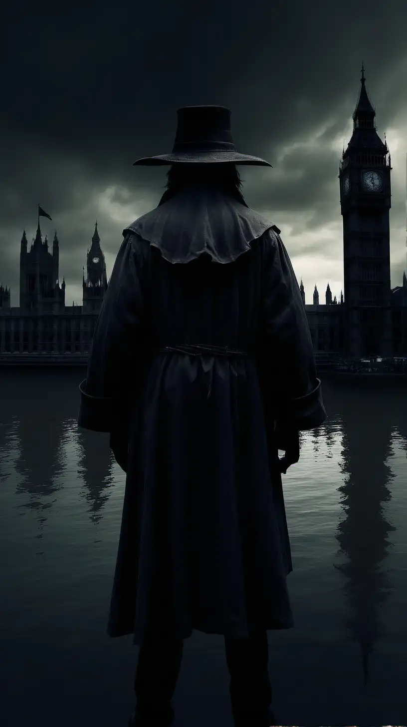 Subject: Guy Fawkes stood looking at the house of parliment, he has his back to us. 
Setting: The Houses of Parliament
Style: Dark, moody, cinematic, ominous, hyper realistic 