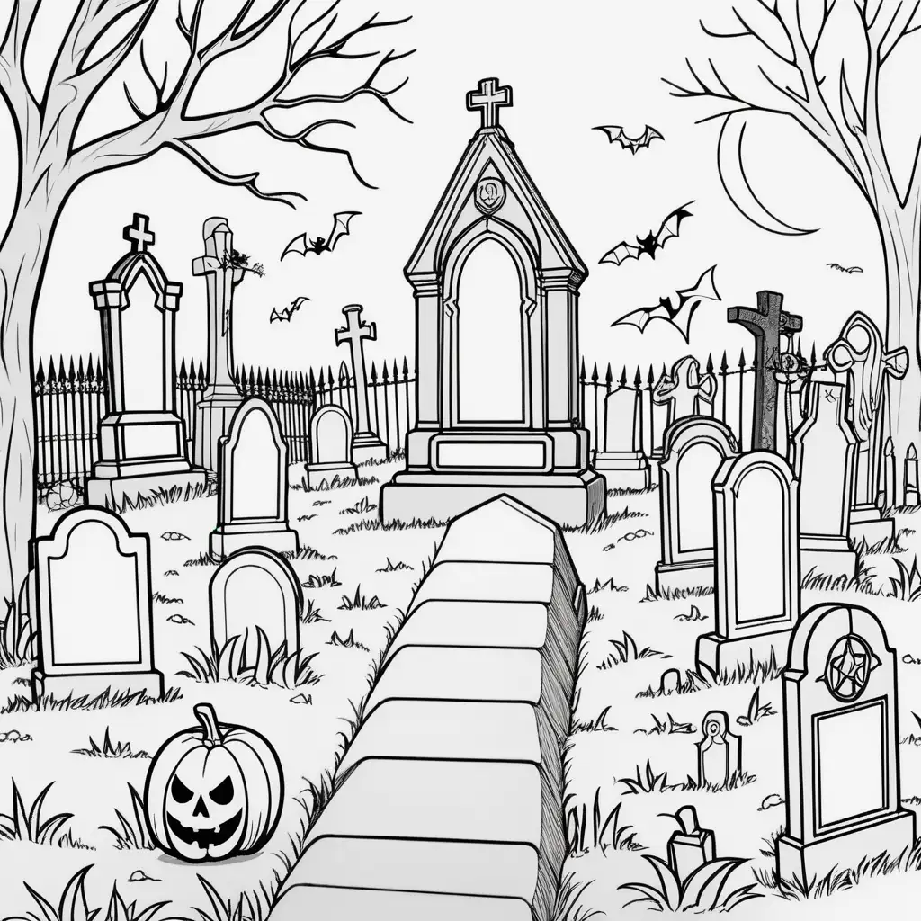 Erstelle mir ein Ausmalbild in schwarz-weiß von einem Friedhof zu Halloween. 

