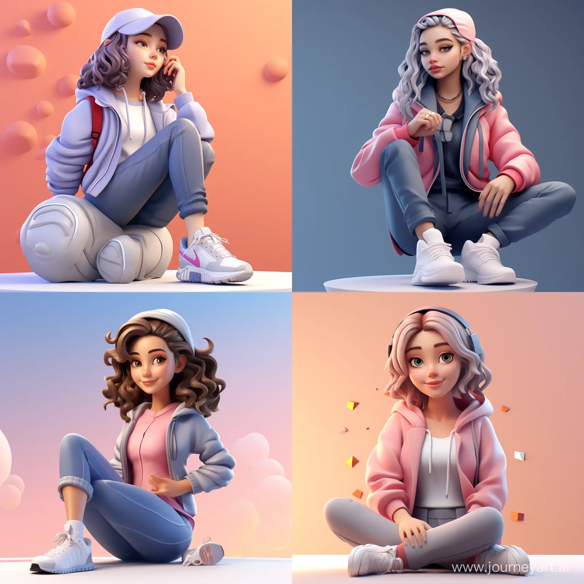 create a 3D illustration of an girl animated character sitting casually. The character must wear casual modern clothing such as jeans jacket and sneakers shoes. The background of the image is a white and a profile picture that match.