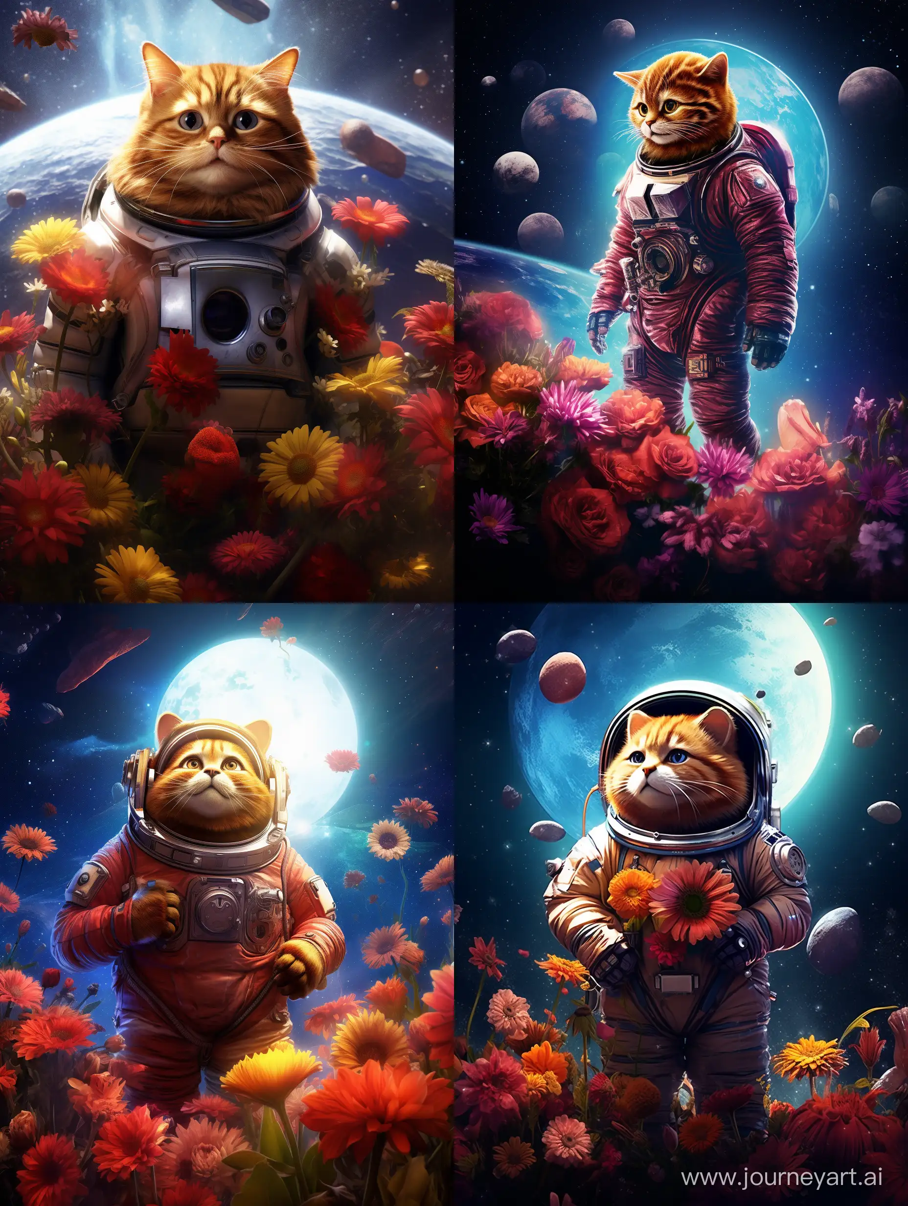Chubby-Red-Cat-Astronaut-with-Bouquet-on-Uninhabited-Planet