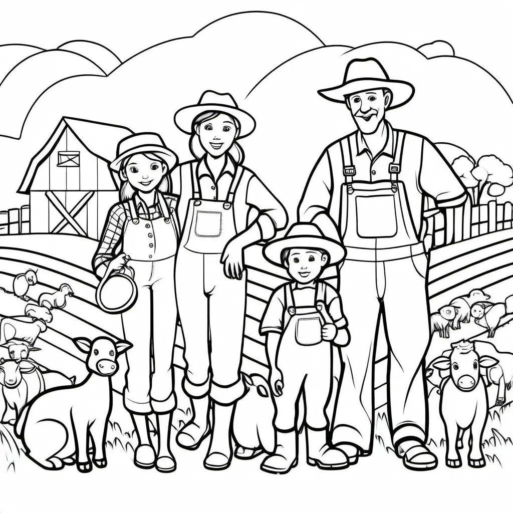 FARMER FAMILY WITH ANIMALS

, Coloring Page, black and white, line art, white background, Simplicity, Ample White Space. The background of the coloring page is plain white to make it easy for young children to color within the lines. The outlines of all the subjects are easy to distinguish, making it simple for kids to color without too much difficulty