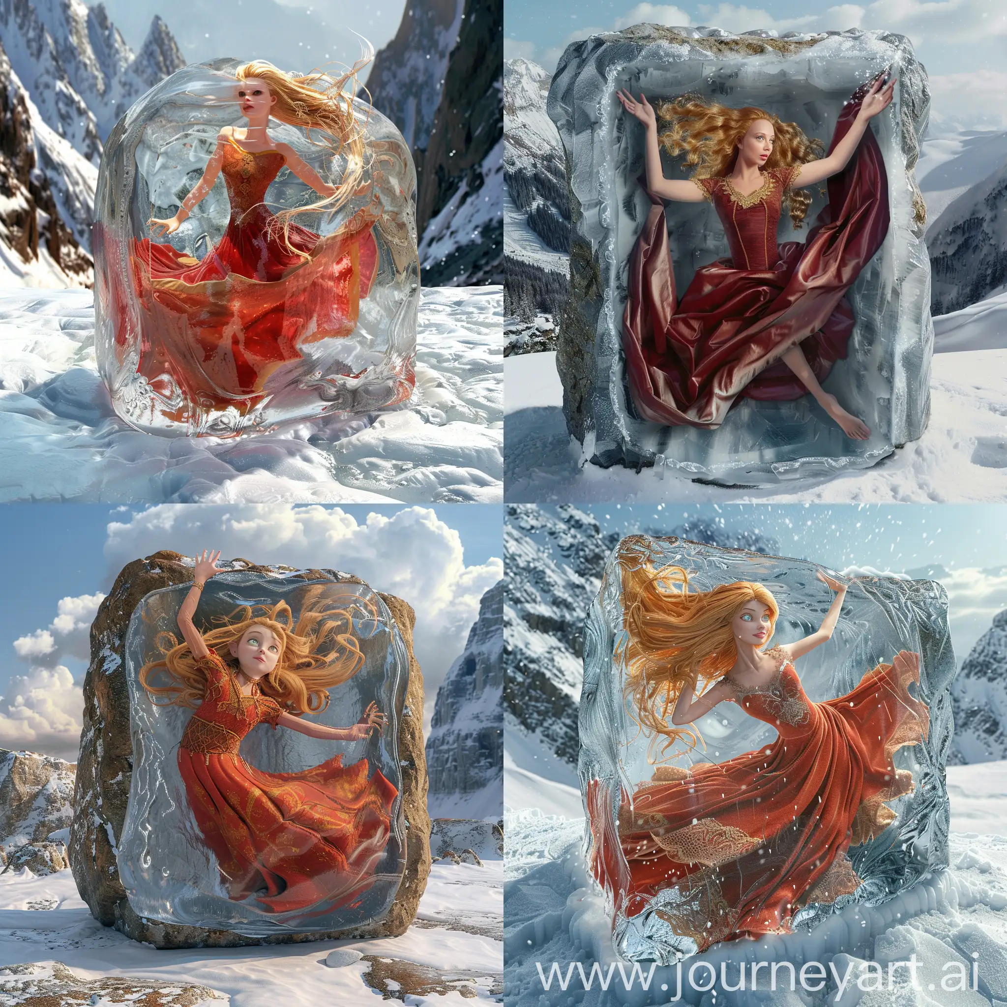 Stunning 3d photographic image of a large block of ice on a snowy mountain. Inside is a beautiful medieval queen. The whole of her head, body, legs and arms are unable to escape. She has beautiful eyes, long golden hair and a long flowing red medieval dress. She is trapped and her dress and her hair are floating in the ice. her arms are raised up and her legs are raised like she is dancing. 