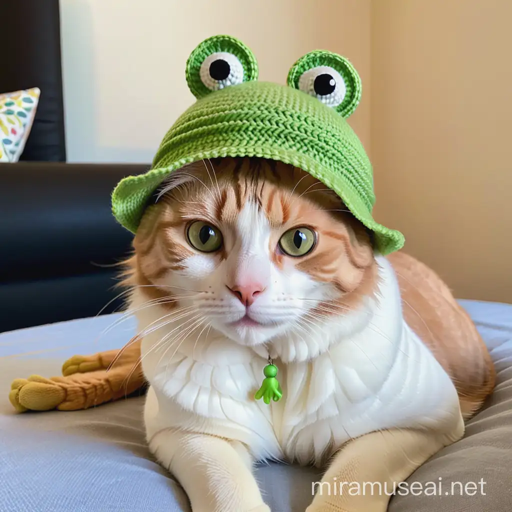 Playful Cat Wearing Frog Hat in Whimsical Scene