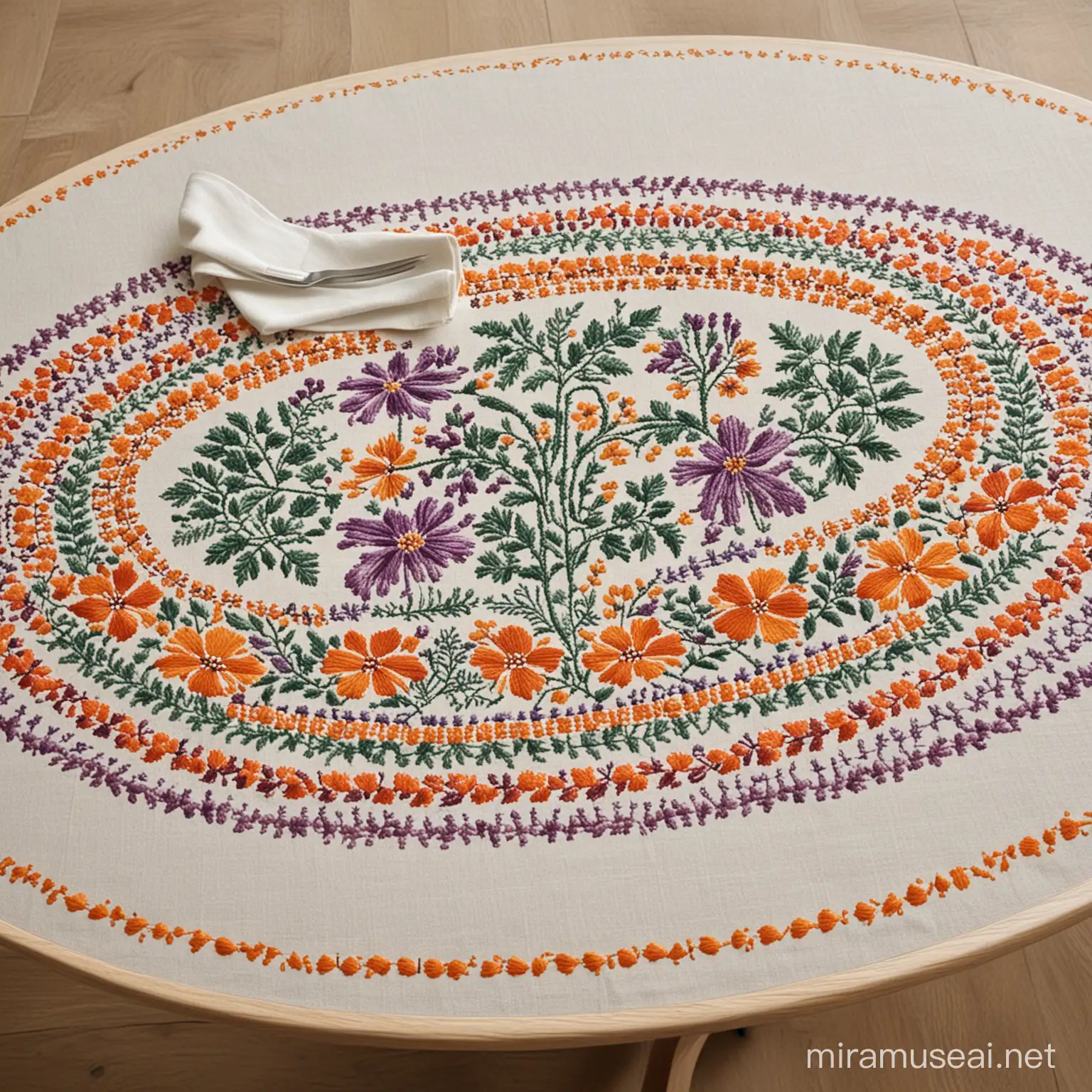 an oval table, in perspective, with a hand embroidered, cross stitched, folk pattern in secondary colour palette, like violet, orange, greens