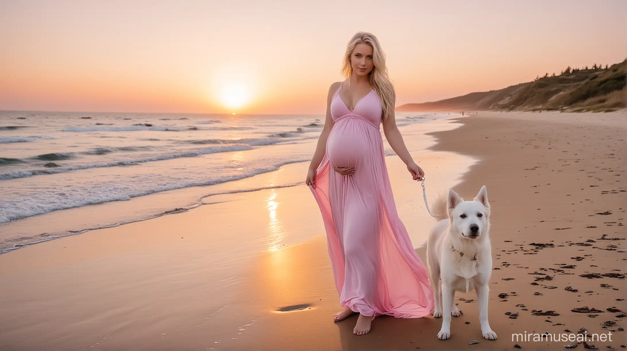 maternity photoset of a girl with blue eyes and blonde hair, on a beach, with a beautiful sunset, with her white dog, dressed in a very low-cut and very long sexy pink flying dress