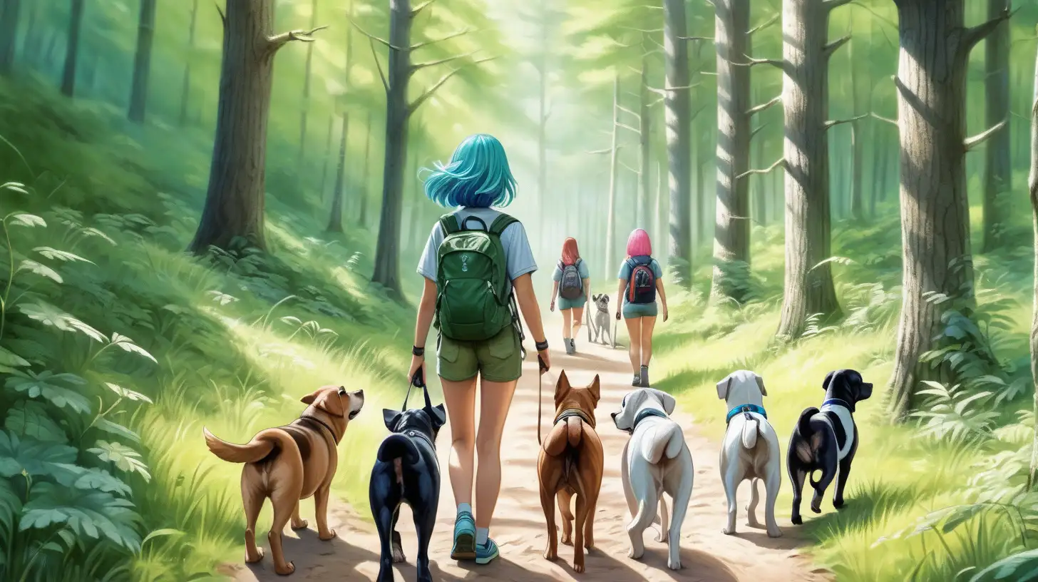 Solo Woman Hiking with Various Dogs in Bright Summer Forest