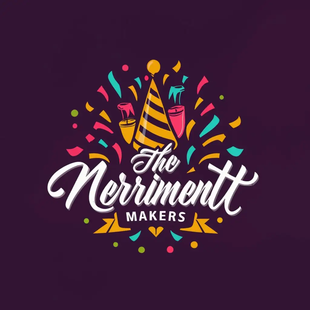 a logo design,with the text "Merriment Makers", main symbol:party hat, confetti, champagne flute, balloons, streamers,complex,be used in Events industry,clear background