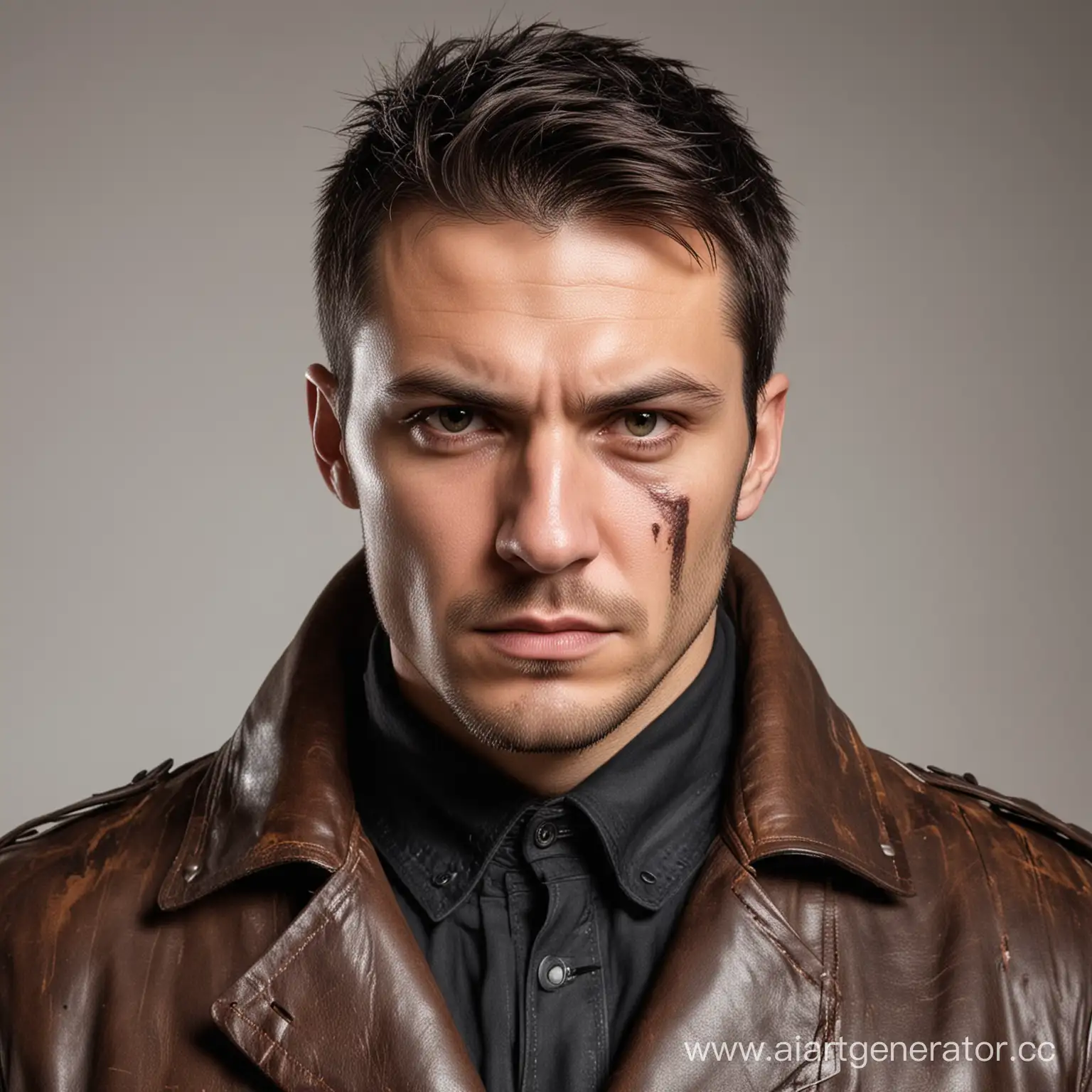 Serious-Man-in-Leather-Coat-with-Fire-Scars-on-White-Background