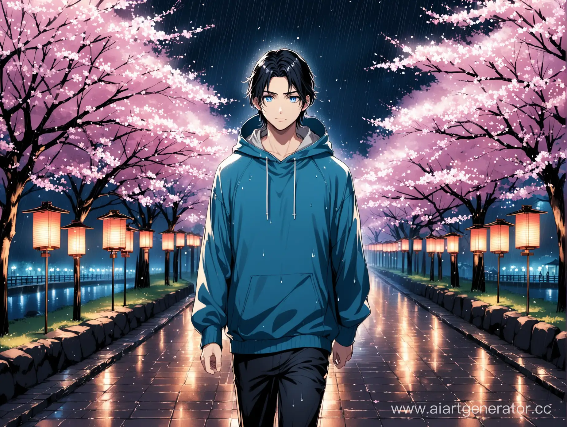 Man-in-Blue-Hoodie-Walking-Amid-Cherry-Blossoms-in-Rainy-Japanese-Park