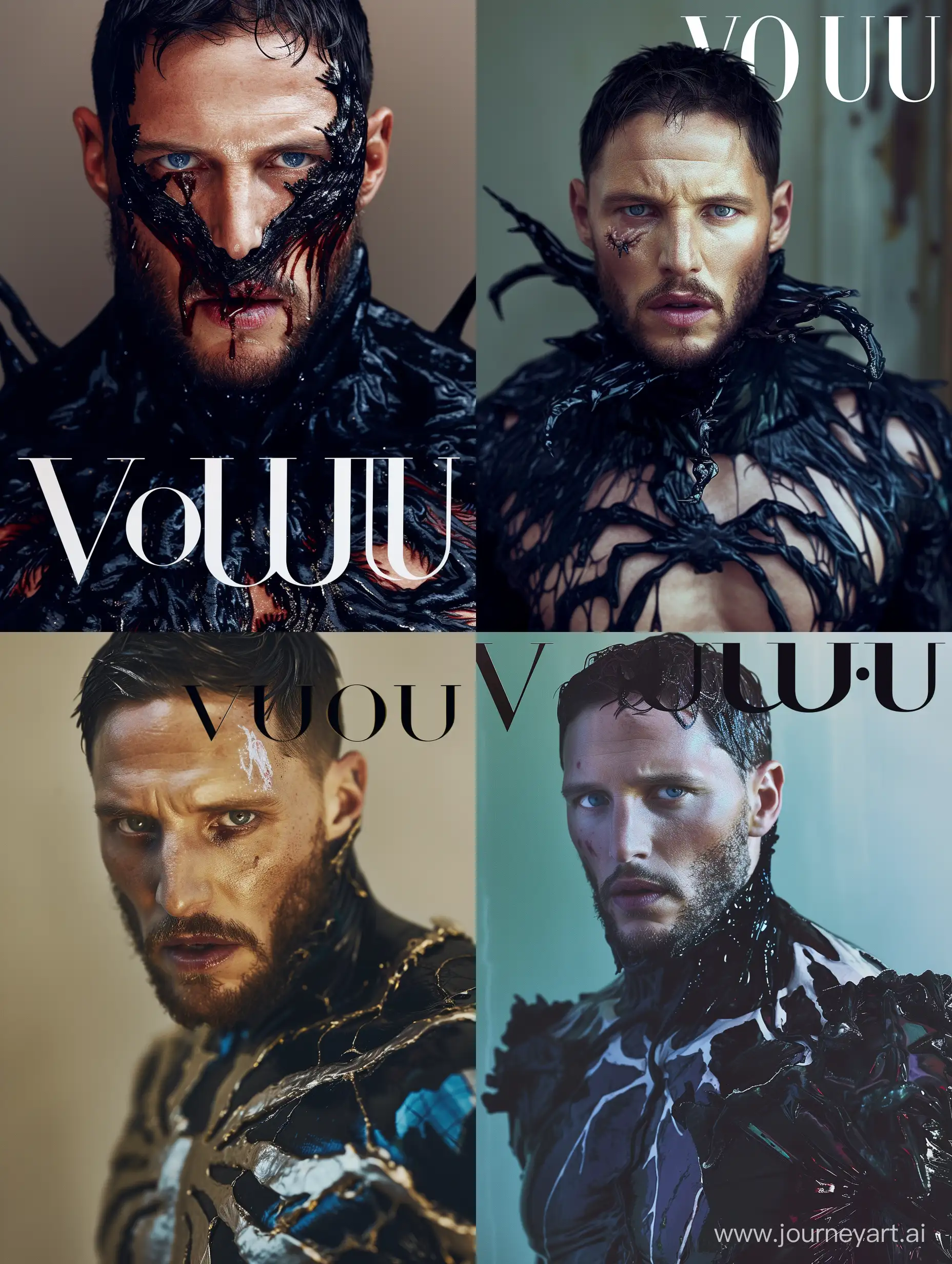  Experience the allure of high fashion with a jaw-dropping "Vogue" cover shot by the talented Miles Aldridge. This visually stunning image showcases a striking Venom Tom Hardy. Shot with the Zeiss Otus 85mm f/1.4 lens, this photo offers exceptional sharpness and detail, allowing every intricate detail of the model's ensemble to shine. The raw style chosen adds a touch of authenticity, elevating the image to a new level of visual appeal. With a stylization level of 50, the image blends fashion and art, creating a truly unforgettable cover 