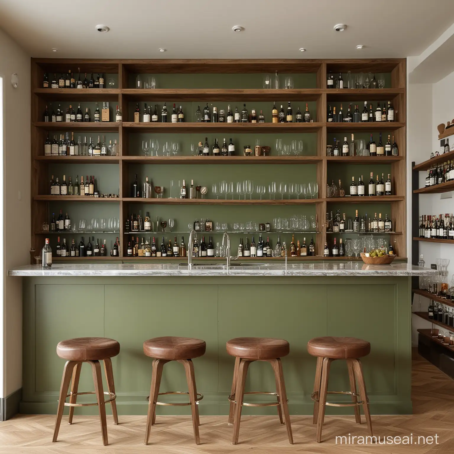 haki yeşil olan geniş bir bar , önünde kahverengi bar sandalyeleri, arkasında şarap için büyük bir raf, olan bar tezgahı tasarla