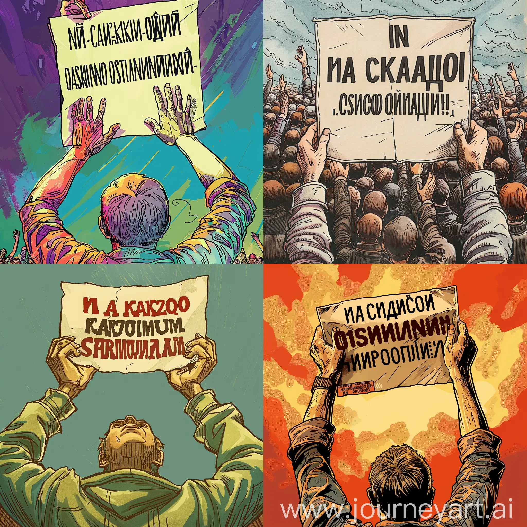 draw in different styles (taking into account the latest trends in graphic design) a cover for a 1500x1500px podcast with the title "на каком основании". the cover should show the hands of a person holding a piece of paper above his head on which it is written "на каком основании". it should be clear that it is a rally or something like that. no faces should be shown