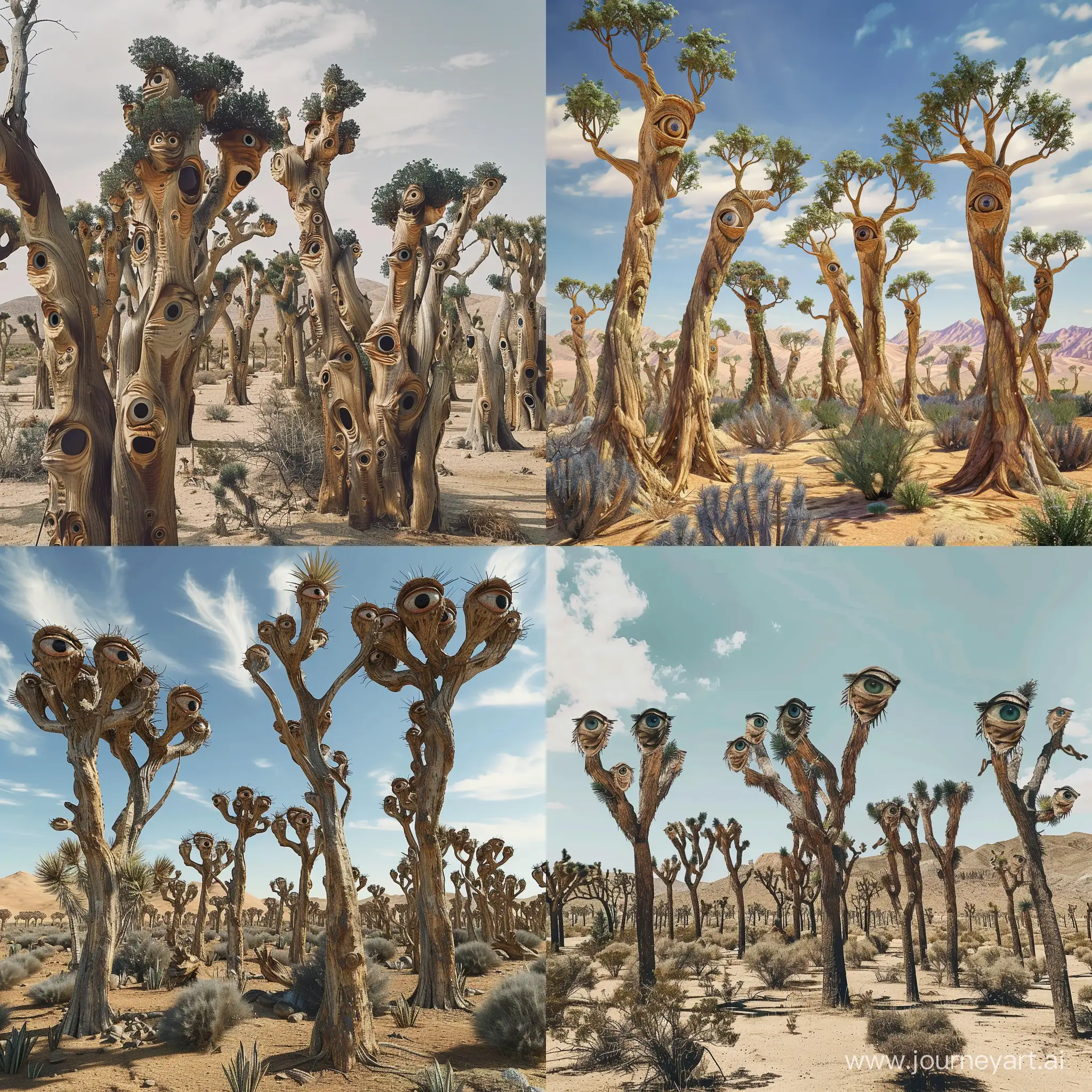 Desert filled with weird gaint trees that have eyes