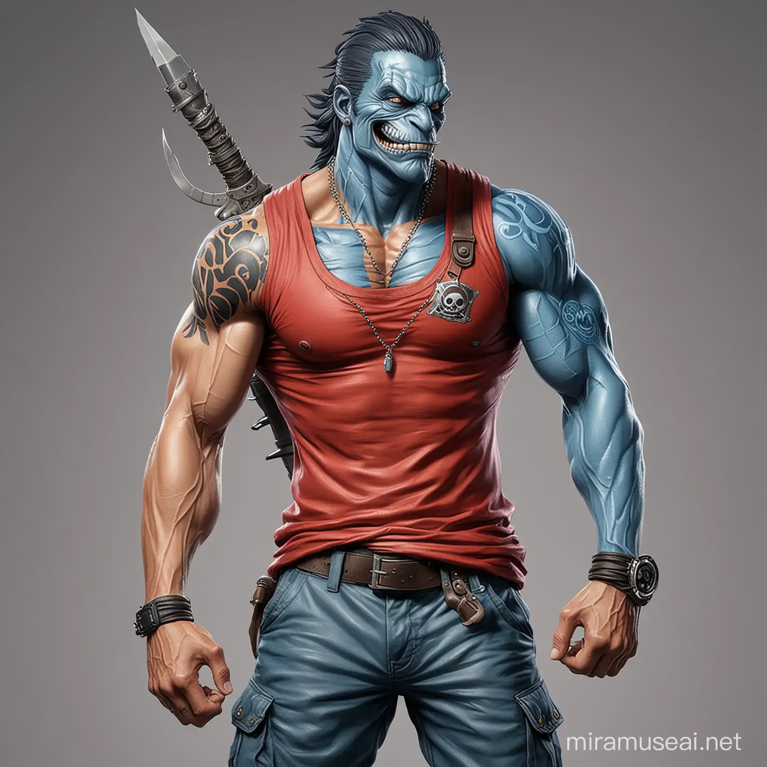 a barracuda fishman from one piece that has silver blue skin, razor jaws, muscular physique, wears cargo pants and a sleeveless red t-shirt, one piece drawing style.
