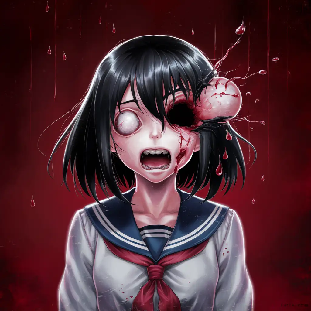 Anime girl in school uniform, missing one eye, the other bulging out of its socket. Glossy, black hair, drops of blood falling against a red background. The picture reflects a cry of the soul. Associations with the work of Junji Ito.