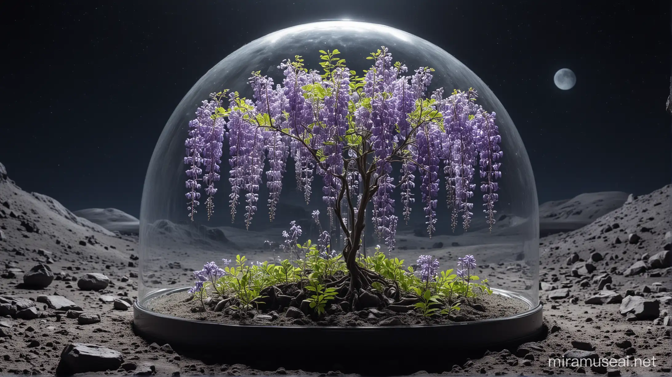 wisteria bush under glass dome on  moon surface.