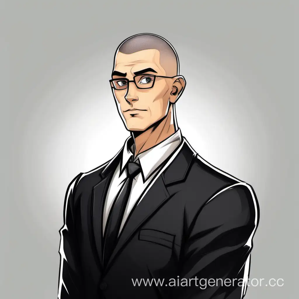 Персонаж мужского пола, нарисованный, одет как адвокат в костюм черного цвета. прическа Buzz Cut