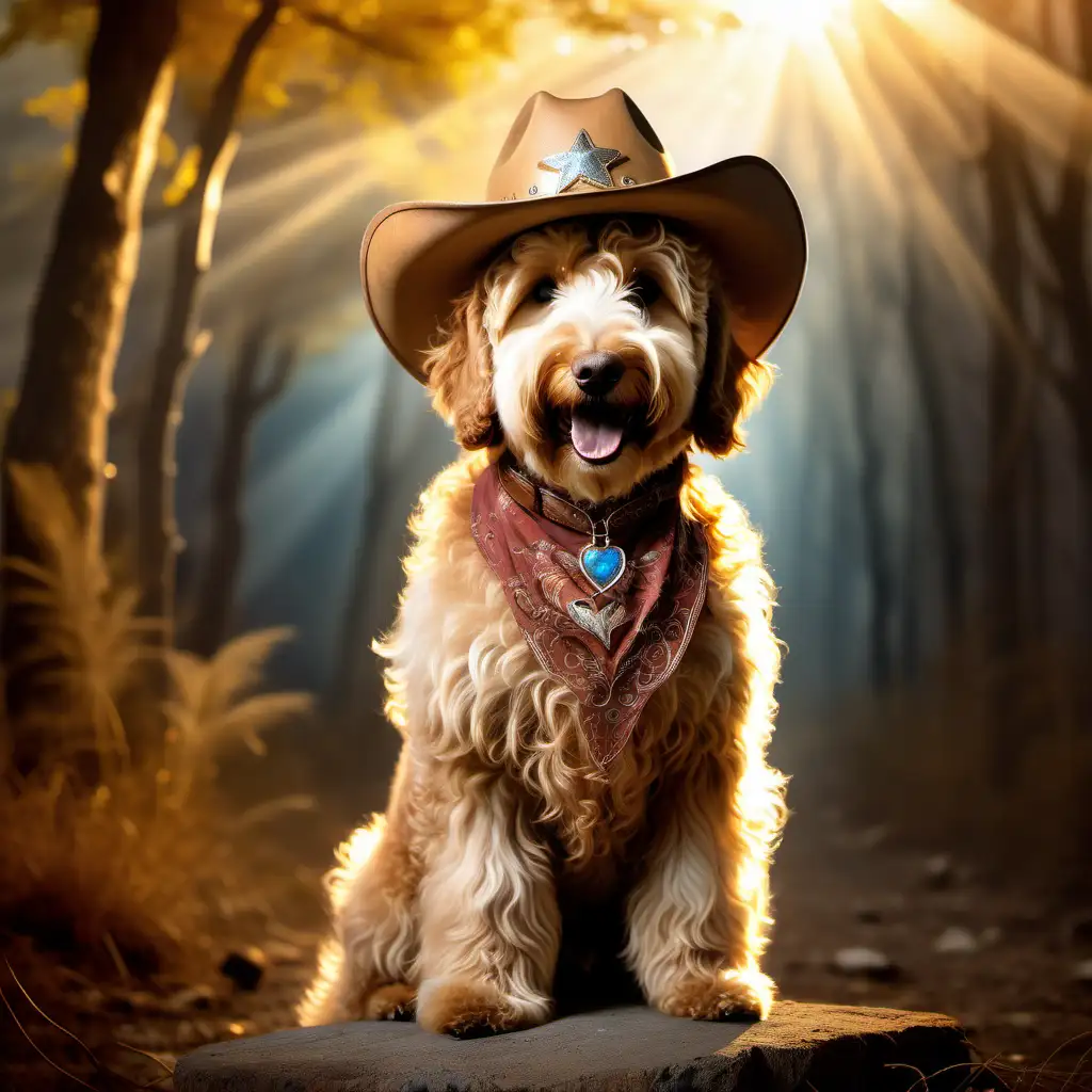 A majestic and magical golden doodle in a fantasy scene wearing a cowboy hat