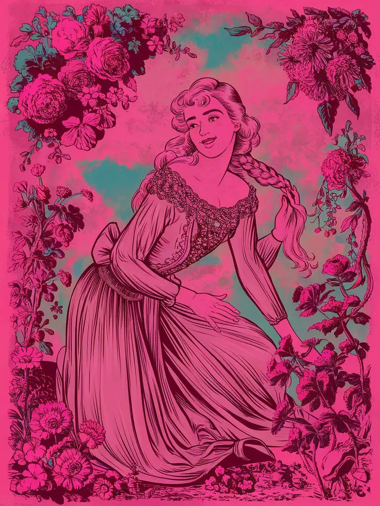 Vintage-style flat illustration, an elegant half-length portrait of a woman amidst flowers.