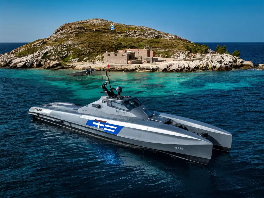Greek modern torpedo boat anchored next to a remote island military outpost 