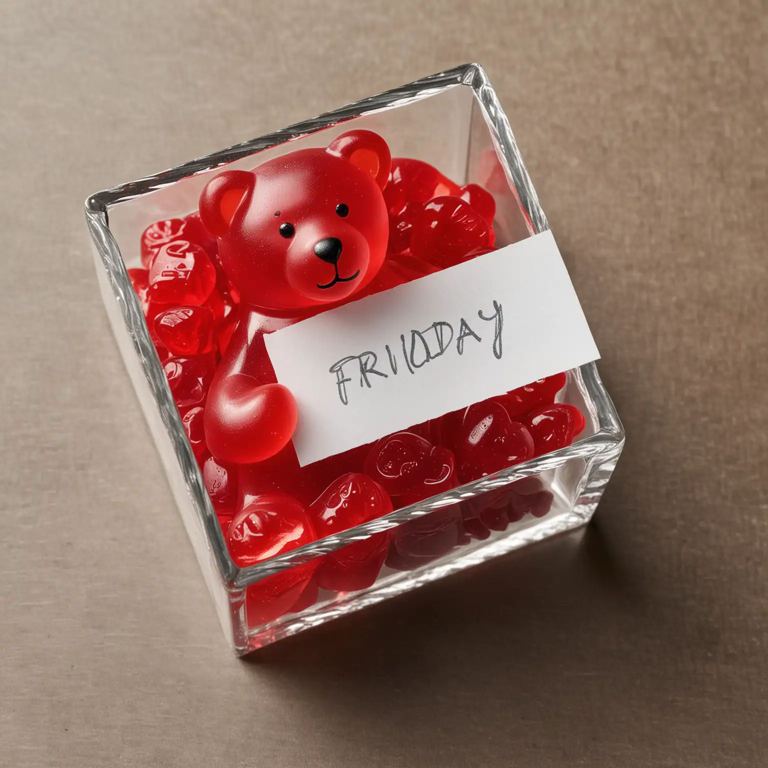 red gummybear in a closed glass box with a note that says friday gummy