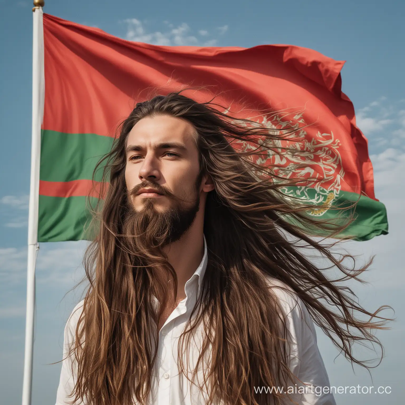 Man-with-Flowing-Hair-Standing-before-Belarusian-Flag