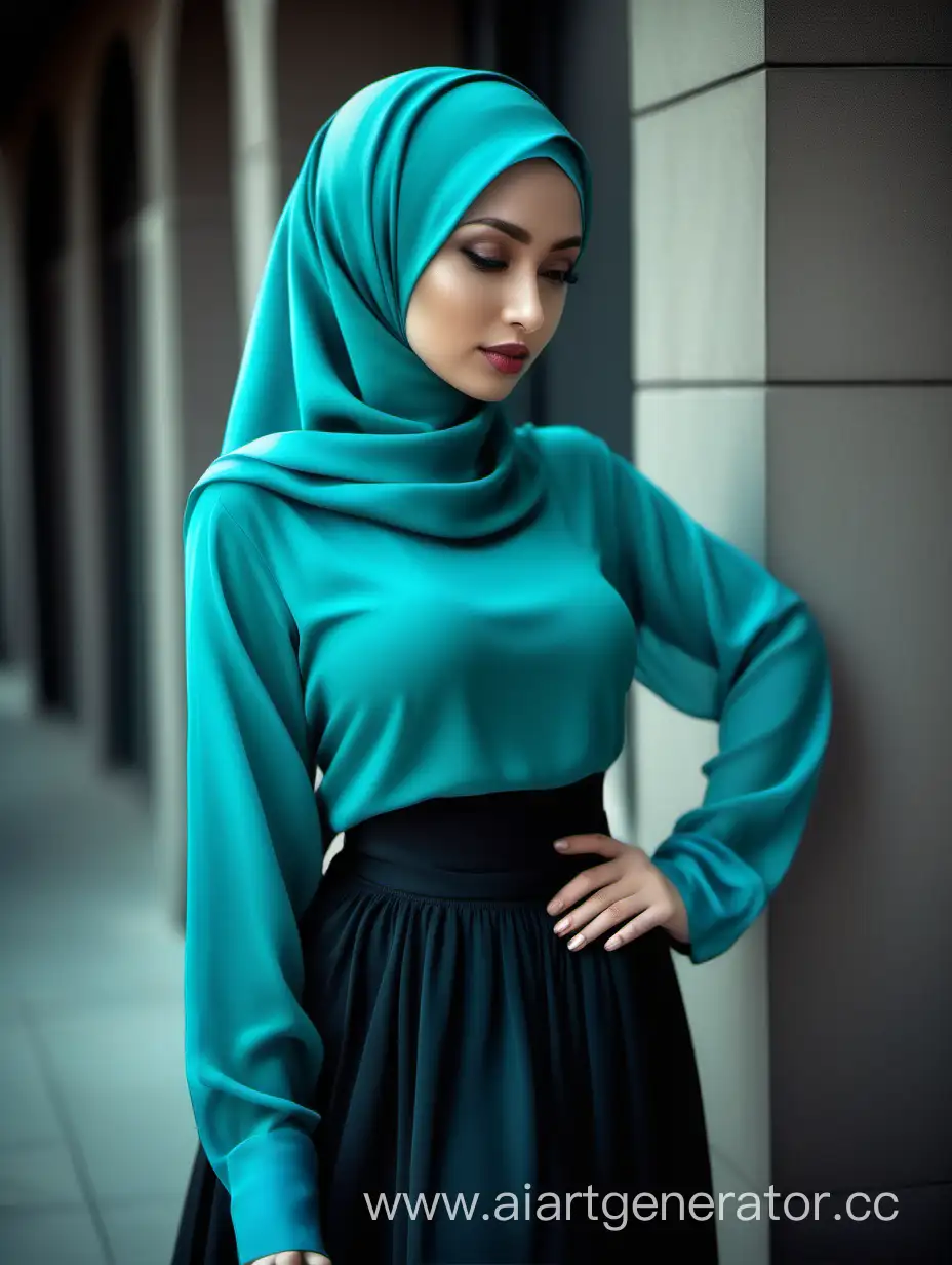 Женщина восточной внешности, шифоновый хиджаб юирюзового цвета, атласная рубашка синего монотонного цвета, большая красивая грудь, черная атласная длинная юбка монотонного цвета, высокое качество фото