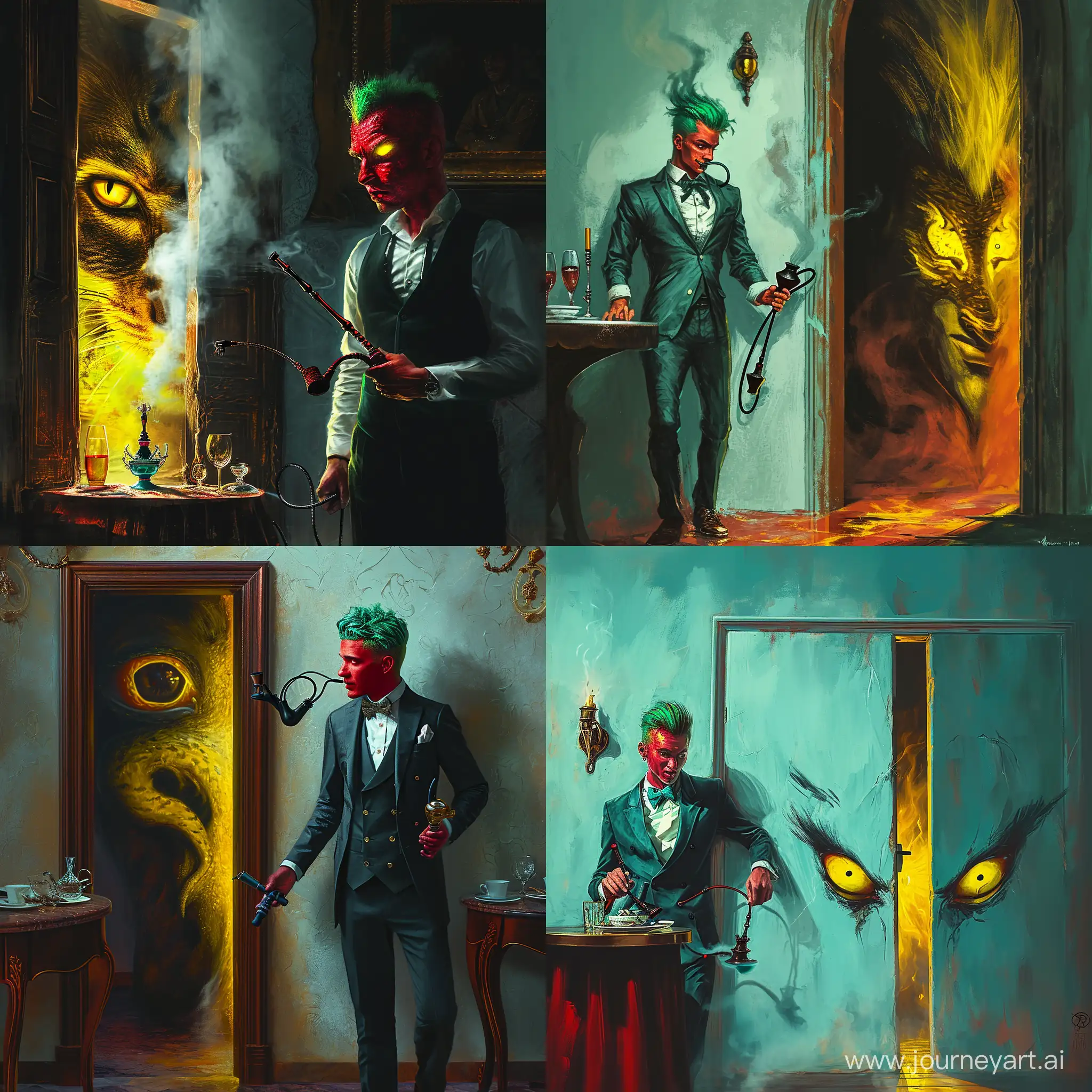 Charming-GreenHaired-Waiter-Discovers-Mysterious-Portal-with-Hookah