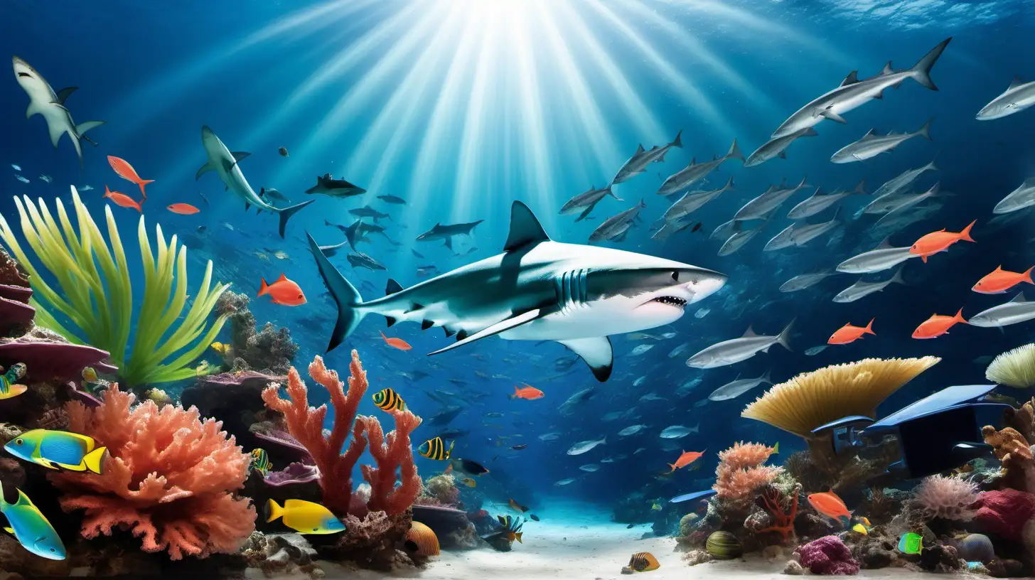 Undersea scene, coral reef, colorful tropical fish, green fronds, large shark looming in distance, blue water, light beams.