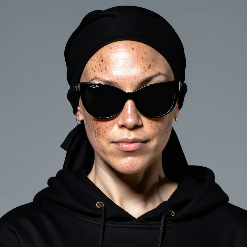 please generate a full body image of a woman that is 5 feet 2 inches, 45 years old, light skinned with freckles, wearing small hoop earrings, wearing a black head wrap, wearing a black proclub hoody, wearing black rayban sun glasses.