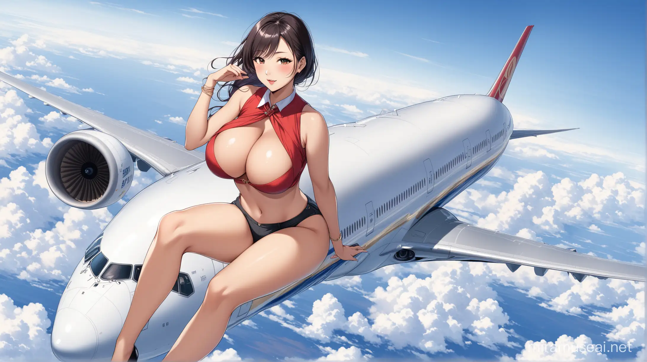 asian female with large breasts sitting on top of an airborne Boeing 777-9