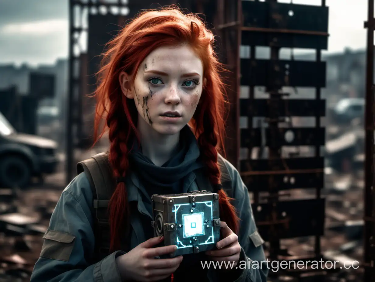 A red-haired inventor girl with a square in the setting of a post-apocalypse with an echolocation mutation