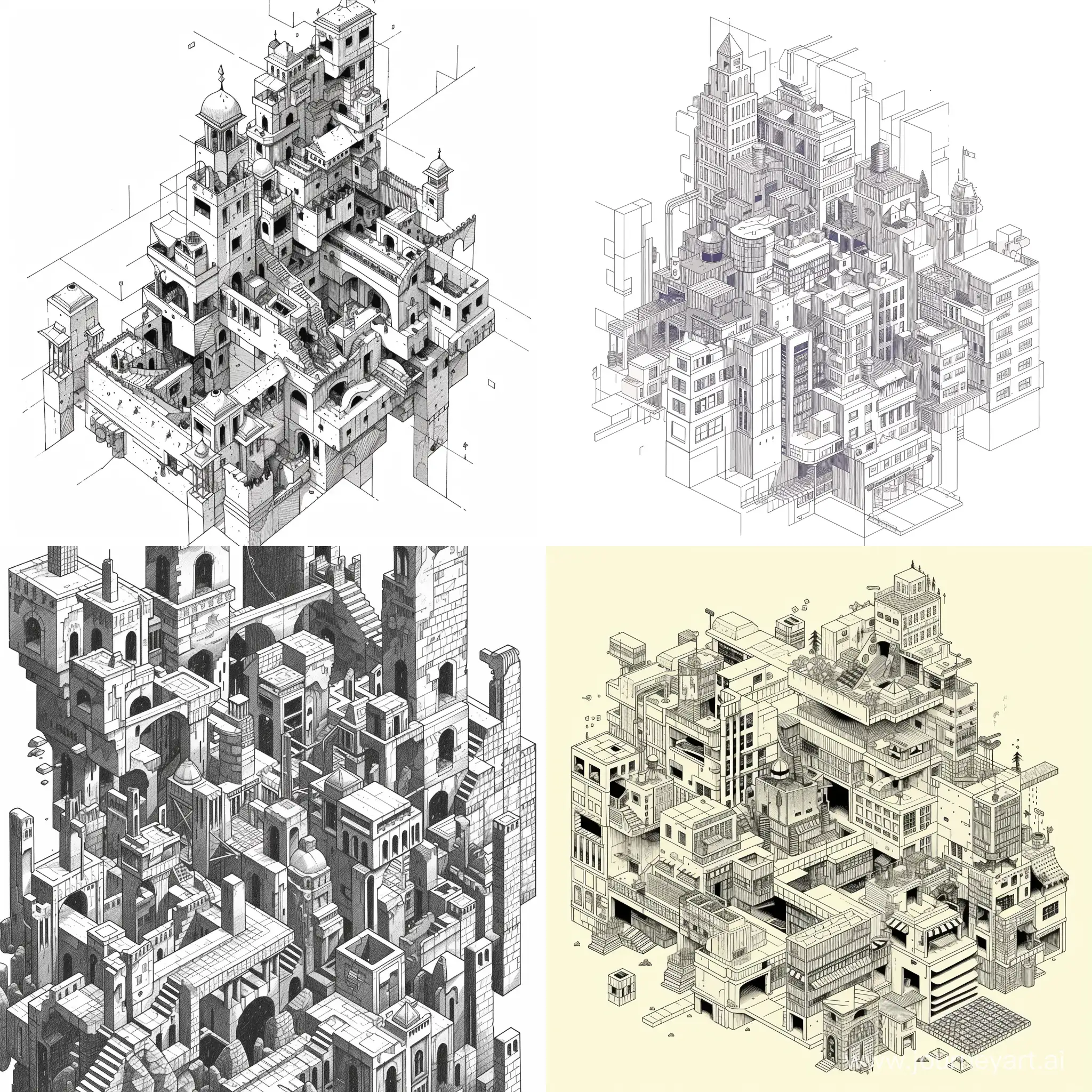 a complex illustration of a city created from geometric shapes, one line style