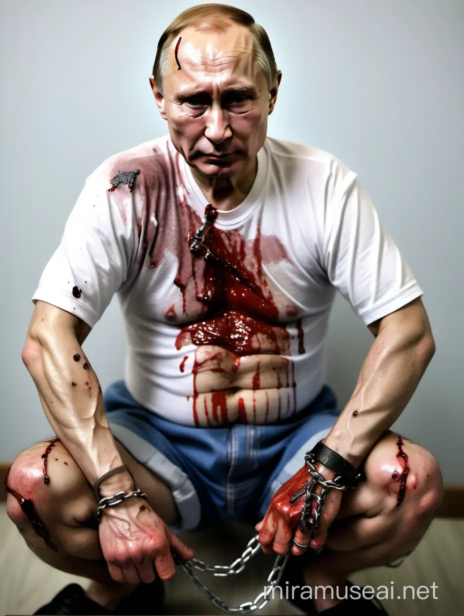 Vladimir Vladimirovich Putin very very thin old and full of blood and bruises on his face and body with his clothes torn and full of blood and crying with dressed in a torn T-shirt and torn shorts and torn clothes is on his knees, asking for forgiveness, he is in handcuffs with chains and handcuffs