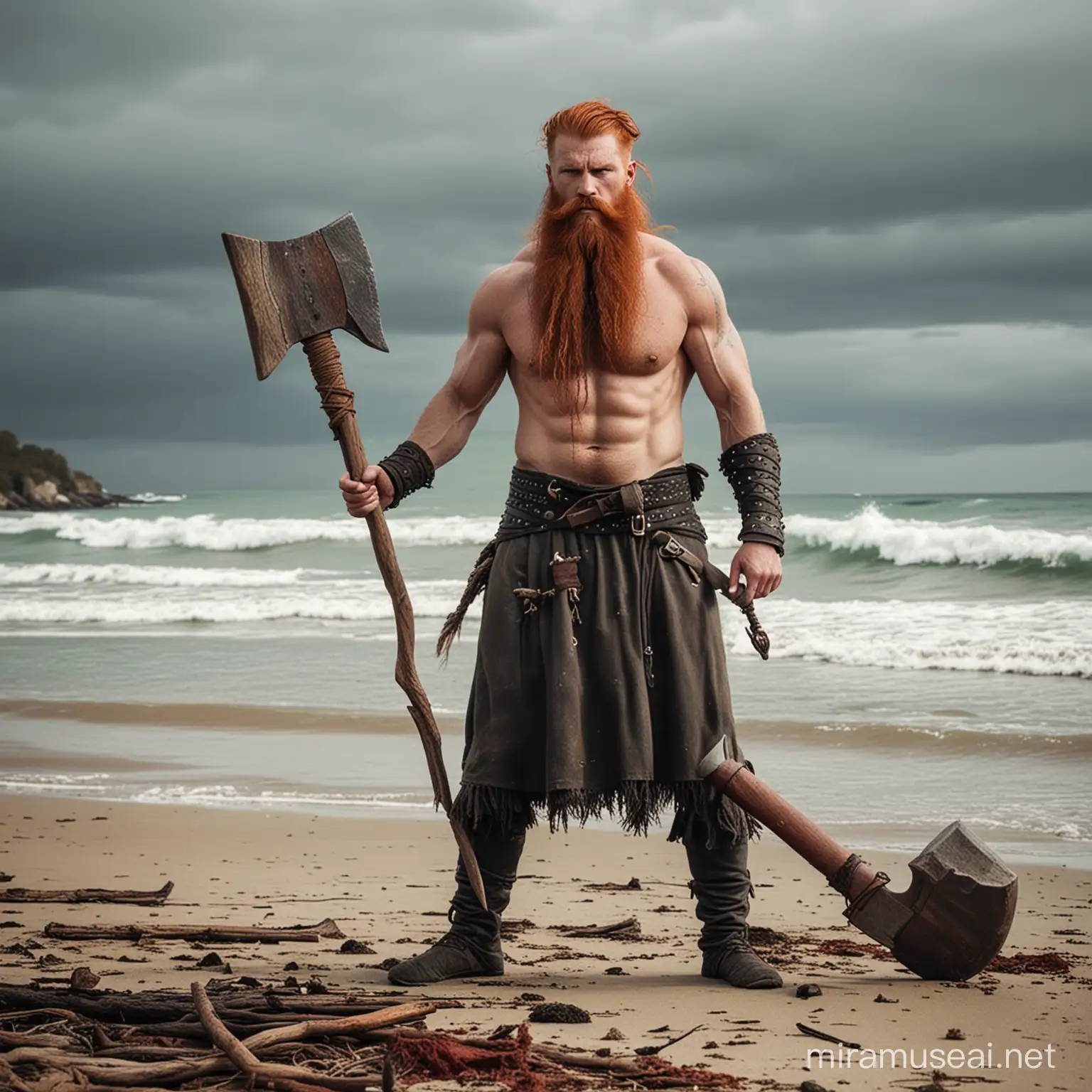 viking with a long red beard on a beach with an axe bloody