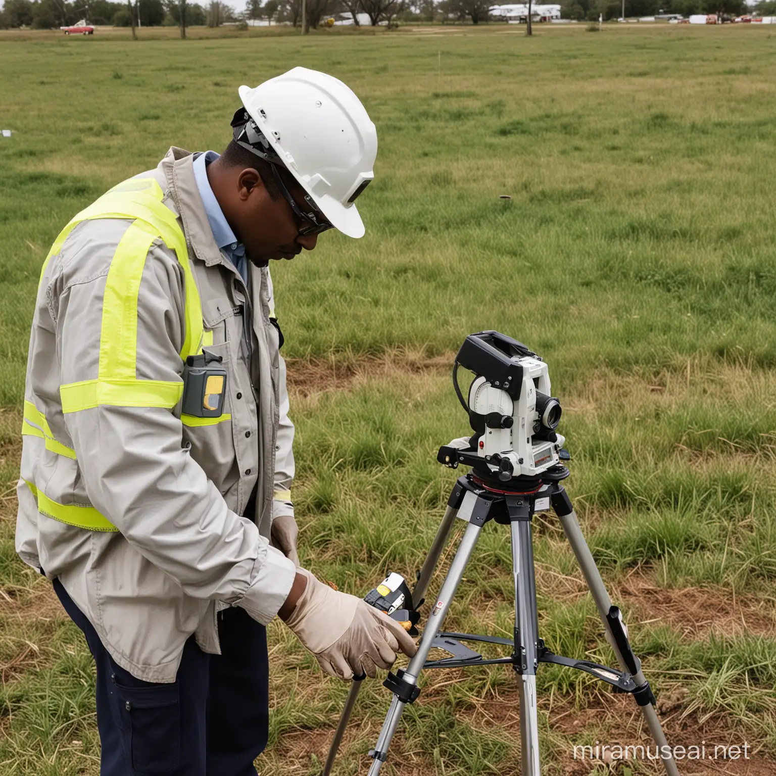 un technicien du cadastre afroaméricain avec ses EPI en train poser en train de mesurer un terrain avec la station total