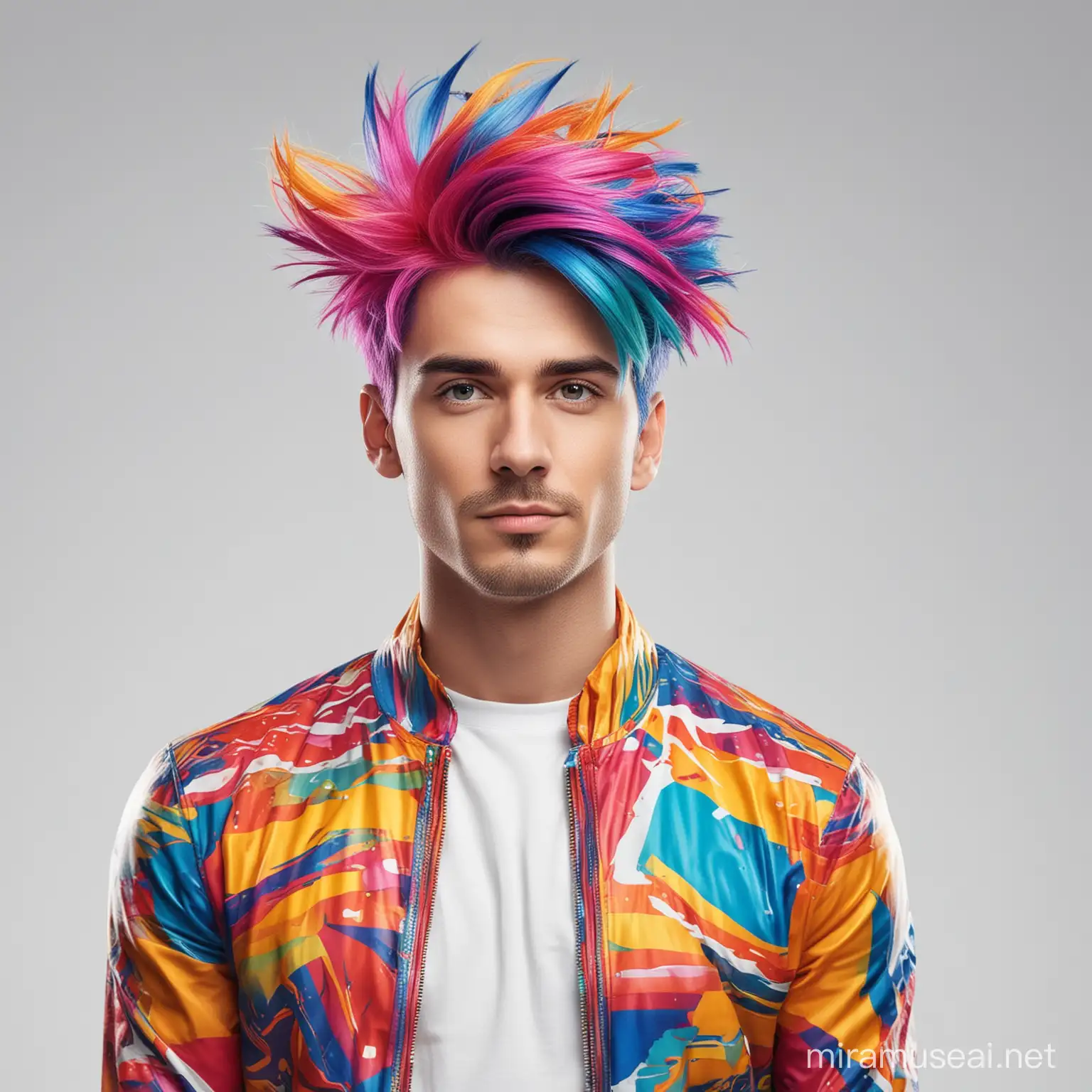 Create a 3d portrait (waist up) of man with colorful hair wearing artistic clothes on a  white background