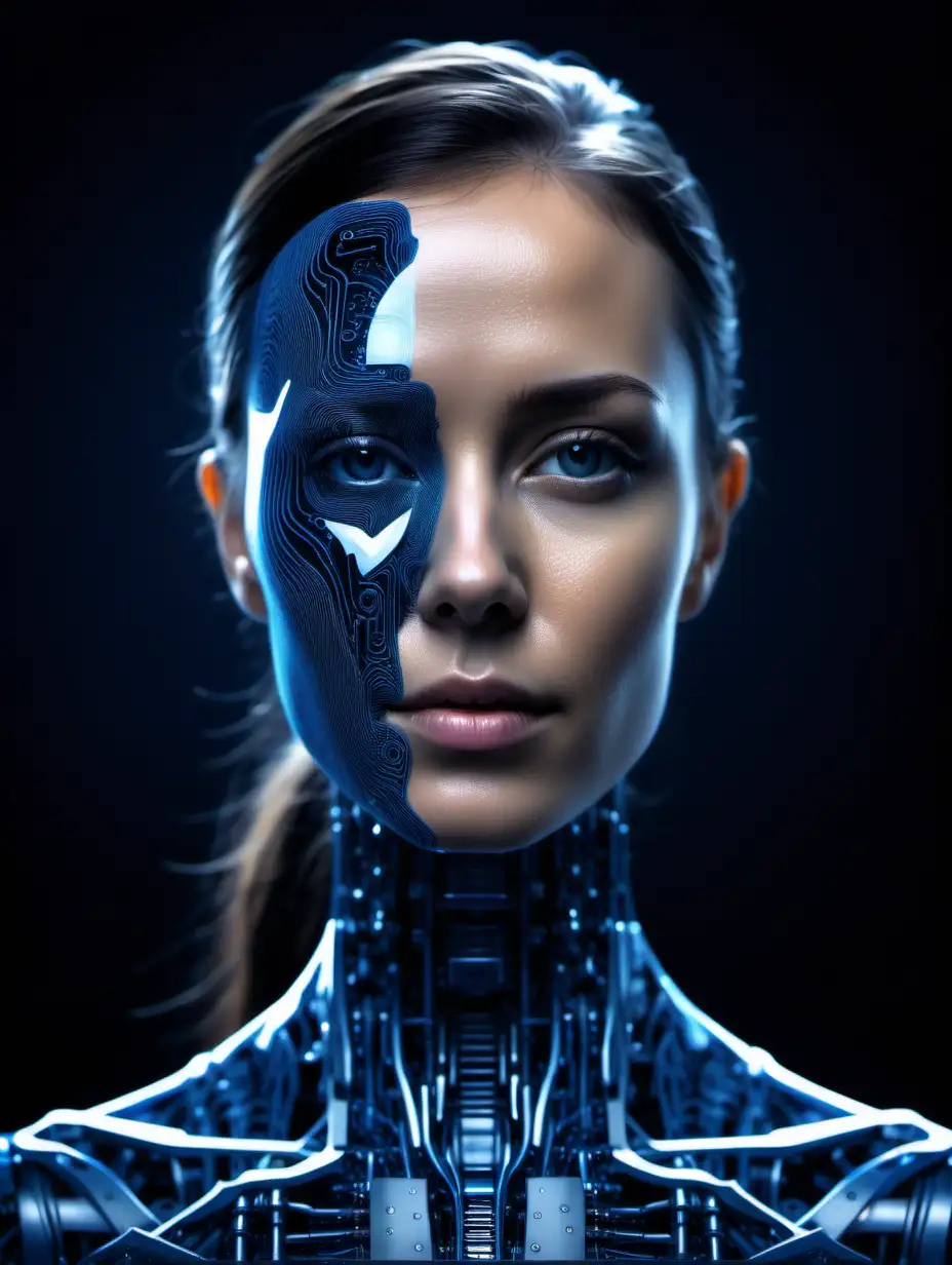 professional photo with slight reflection. dark background. dark blue high tech waves of neural network in bottom and double exposure nice woman human head half robot half human westworld style uhd 8k realistic detailed bit of matrix style