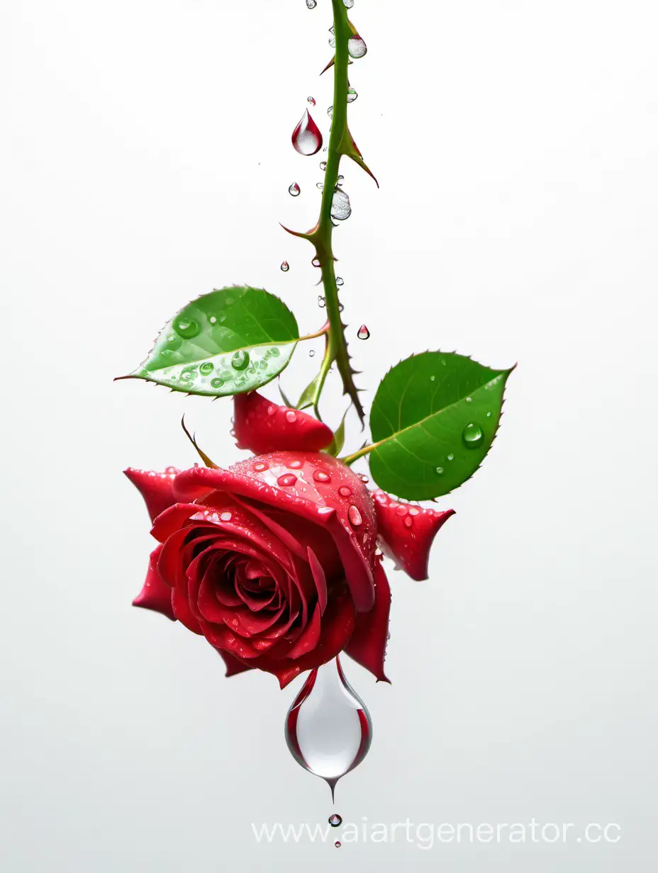 Red Rose water drop 4k hd  with fresh lush green leaves on white background