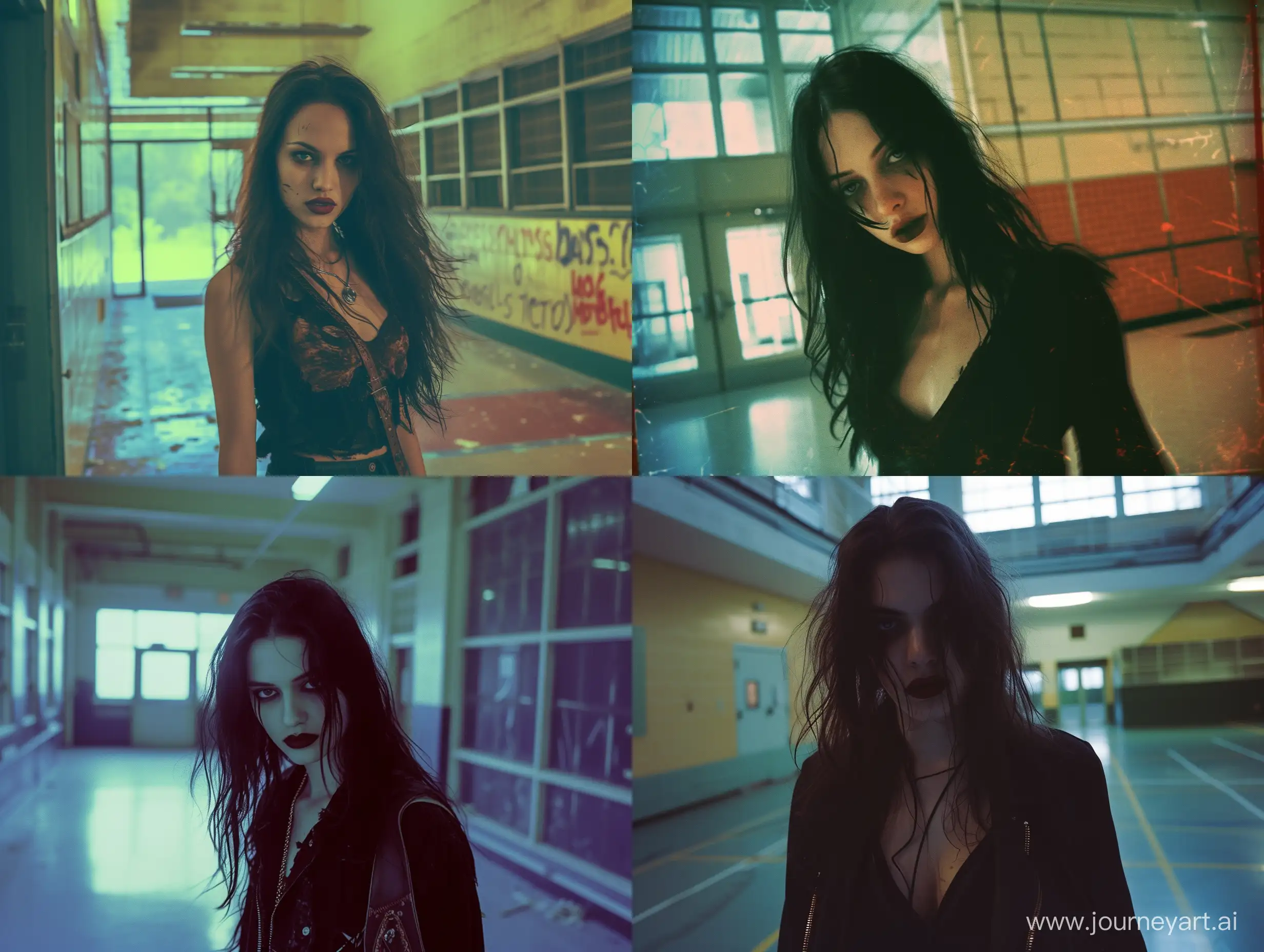 a attractive vampire woman walking inside a high school building, photography taken on a disposable camera, natural lighting, looking at the viewer, documentary photography, naturalism, noise photo effect, vibrant photo, heavy metal, rock, horror, heavy rock, close up
