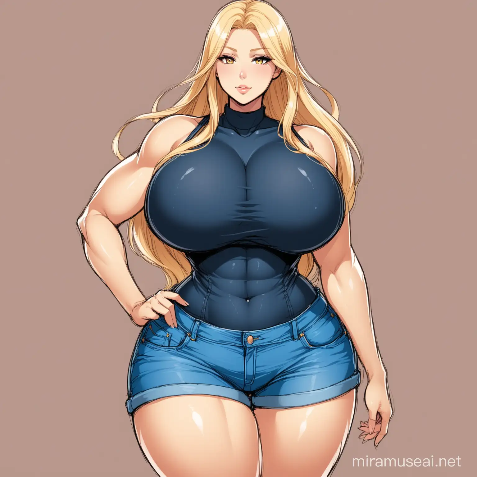 Full color drawing of a blond woman with long, blond hair, a beautiful, delicate face, huge chest, extremely large chest, enormous chest, colossal chest, very thin waist, extremely thin waist, wearing casual clothing, including a top and jean shorts. Emphasize her immense chest, her massive chest