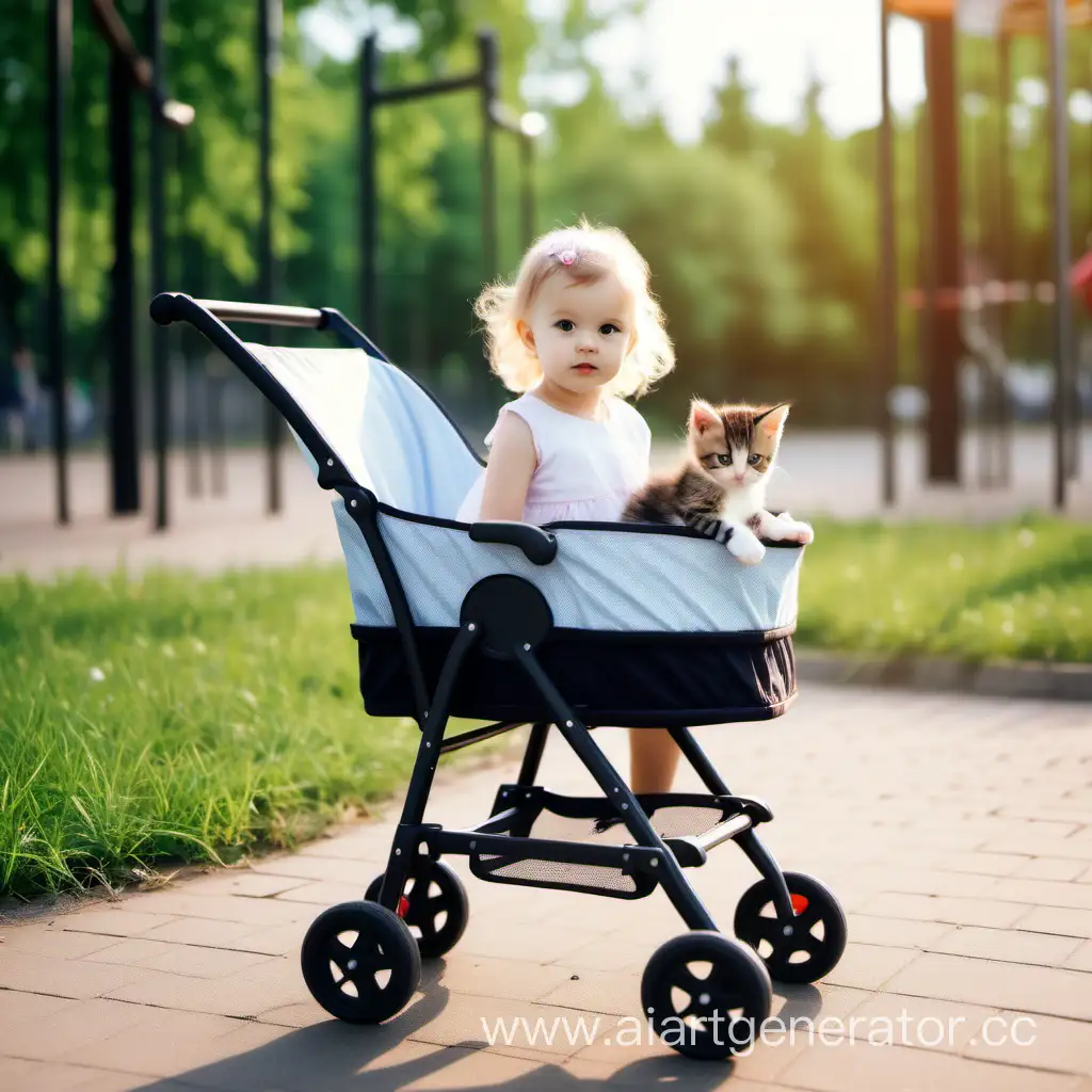 A girl is walking with a stroller. A kitten is sitting in a stroller. Summer, warm. Playground. Swings, carousels. Best quality. Professional photo. 
