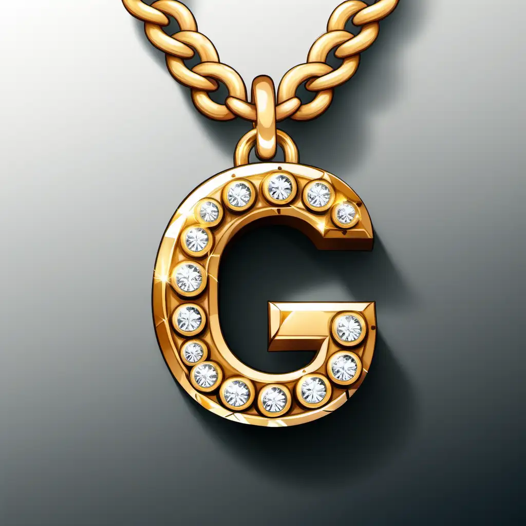 a gold link necklace with the letter G as a pendant. Image style is black and white cartoon with no gradients. The G pendant is diamond studded