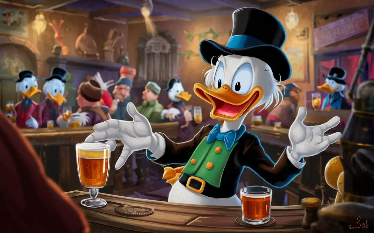 Scrooge McDuck Welcoming Guests at His Cozy Tavern