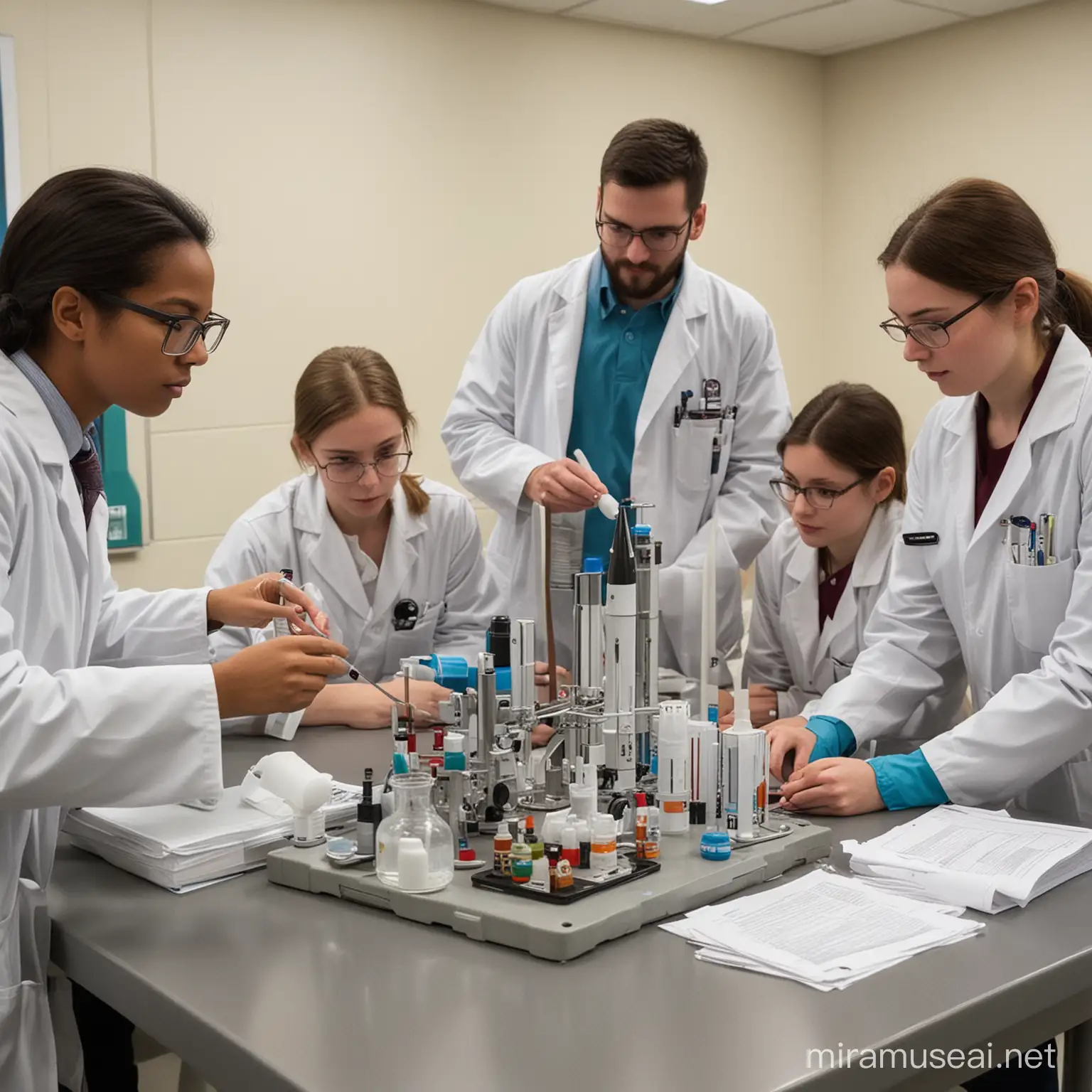 students experiment in lab, doctors attending patient, rocket launch 