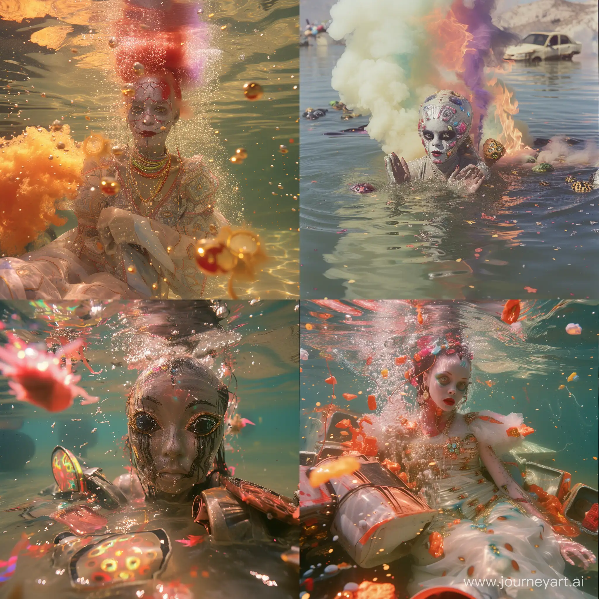 Kodak disposable camera photo of a full body shot of a Lola Monroe East African Slavic gypsy Romani , interdimensional alien Goddess submerged in water, amidst orgasmic explosions of hologram holographic multi-colored pastel fire car parts, in Roswell, New Mexico, stern look, 300mm, f1.8 and by Bill Viola, 50mm photo, soft light, masterpiece, sharp focus, pretty, (hasselblad:0.8)